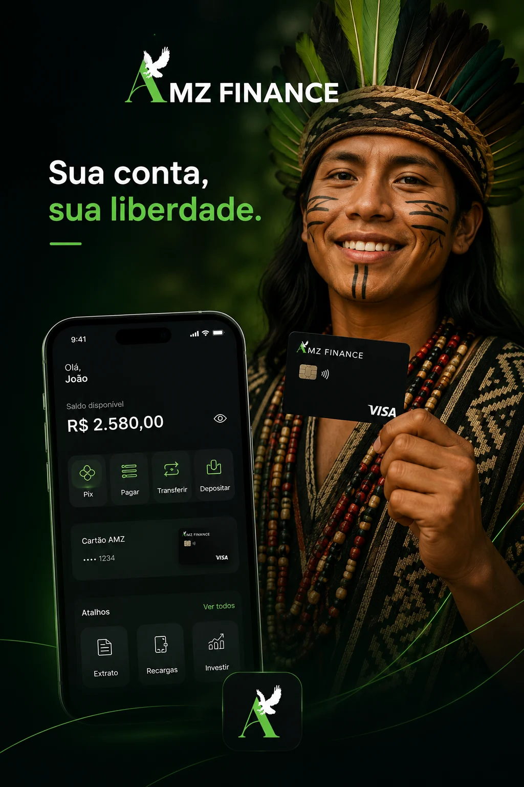 Aplicativo e cartão AMZ Finance em composição institucional